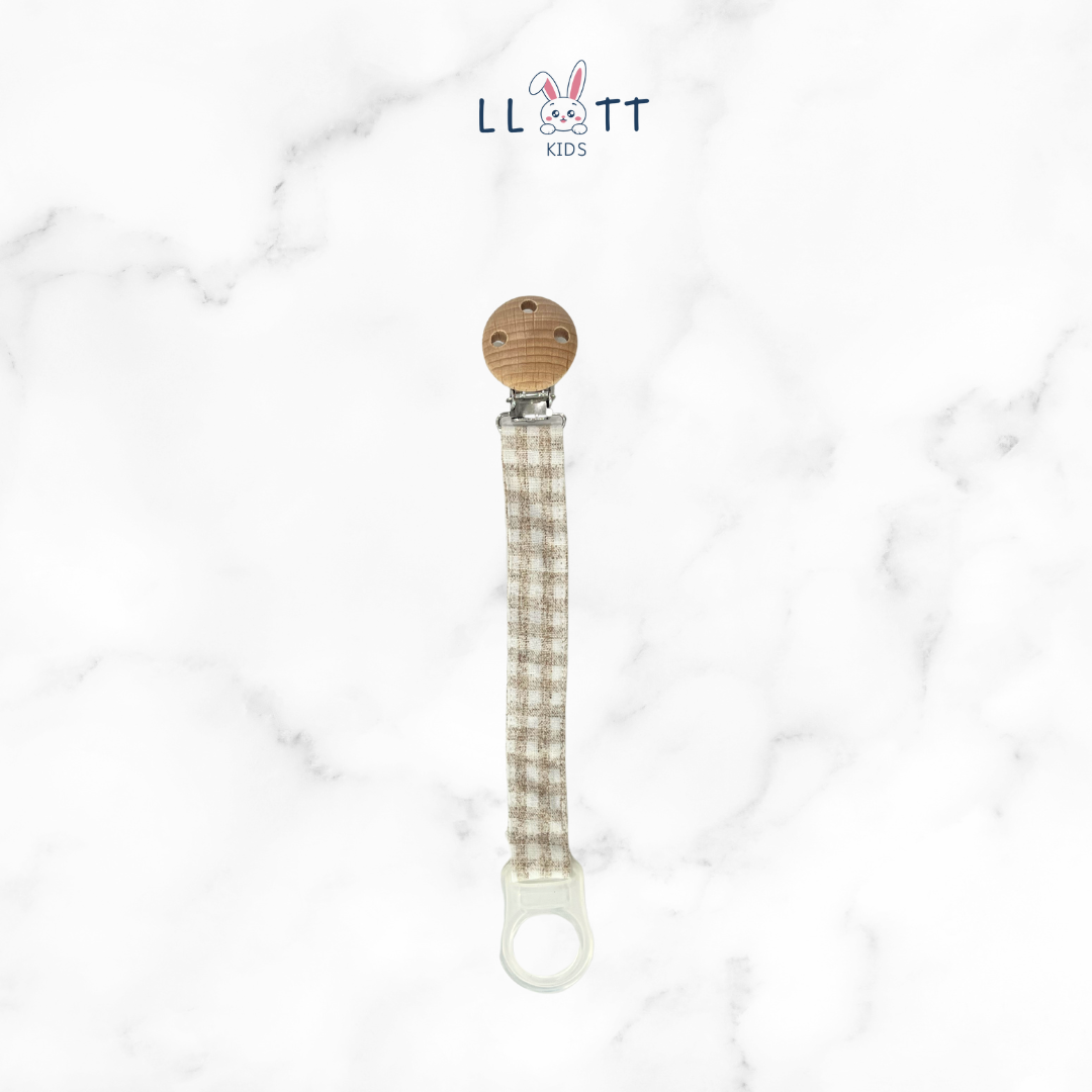Beige Checkered Pacifier Clip