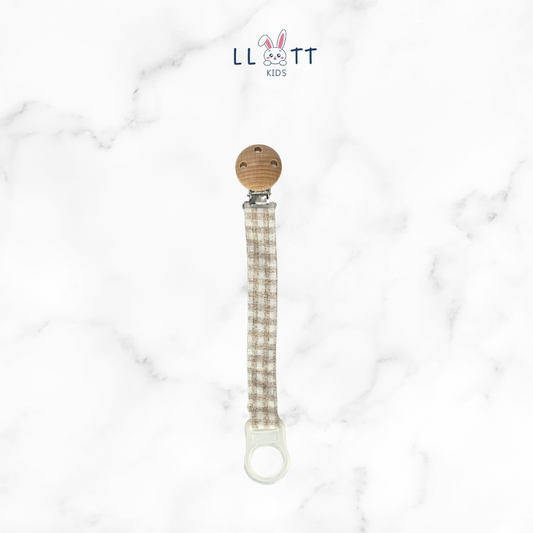 Beige Checkered Pacifier Clip